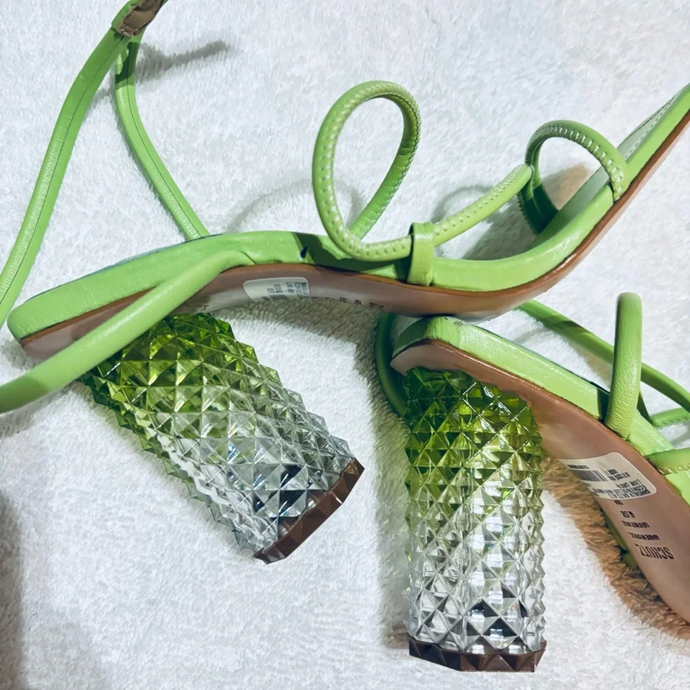 SCHUTZ Women’s Mayte Lime Green Leather‎ Acrylic Block Heel Sandal size 6.5